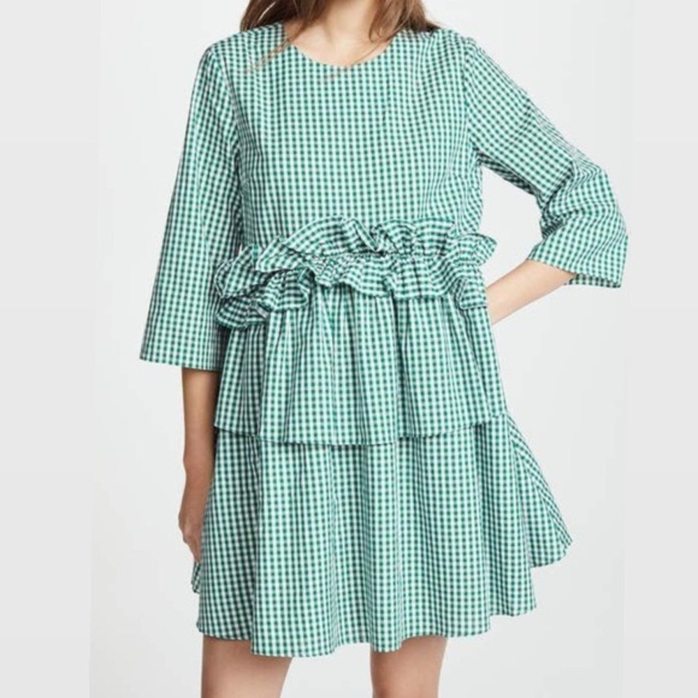 English Factory Green Ruffled Gingham Dress Large‎ 100% cotton